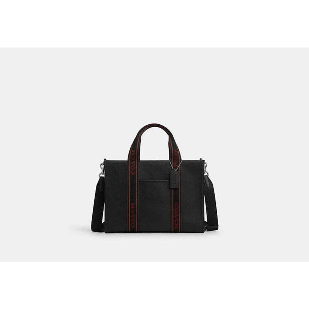 Coach Black Leather Tote with Red-Trim Signature Straps